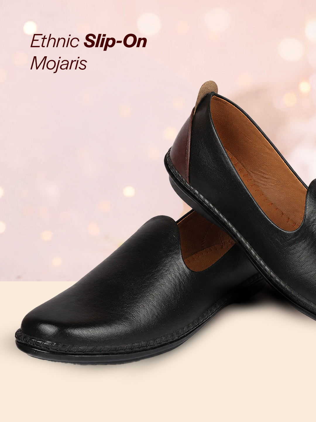 Men Black Ethnic Slip On Stylish Stitched Jutis