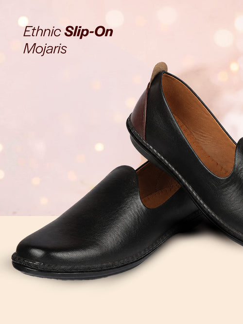 Men Black Ethnic Slip On Stylish Stitched Jutis