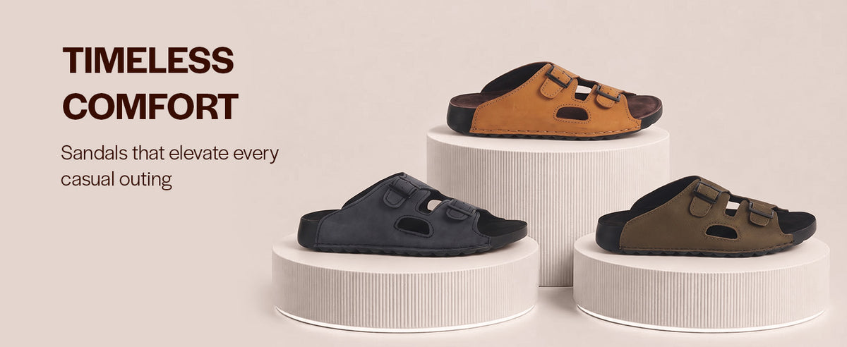 Men Cheeku Suede Leather Round Open Toe Dual Strap Slip On Sandals | Broad Feet Heel Cup Arch Support Slider | Slippers for Travel, Summer, Beach Walking with Anti Skid Sole
