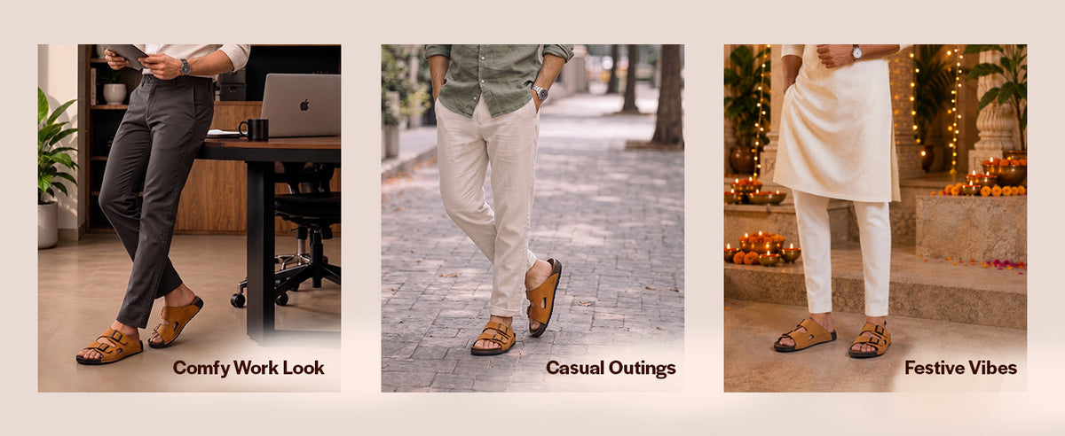 Men Cheeku Suede Leather Round Open Toe Dual Strap Slip On Sandals | Broad Feet Heel Cup Arch Support Slider | Slippers for Travel, Summer, Beach Walking with Anti Skid Sole