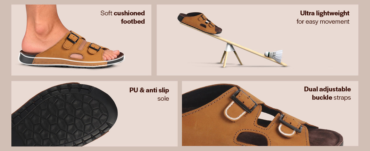 Men Cheeku Suede Leather Round Open Toe Dual Strap Slip On Sandals | Broad Feet Heel Cup Arch Support Slider | Slippers for Travel, Summer, Beach Walking with Anti Skid Sole