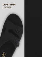 Men Black Suede Leather Round Open Toe Dual Strap Slip On Sandals | Broad Feet Heel Cup Arch Support Slider | Slippers for Travel, Summer, Beach Walking with Anti Skid Sole