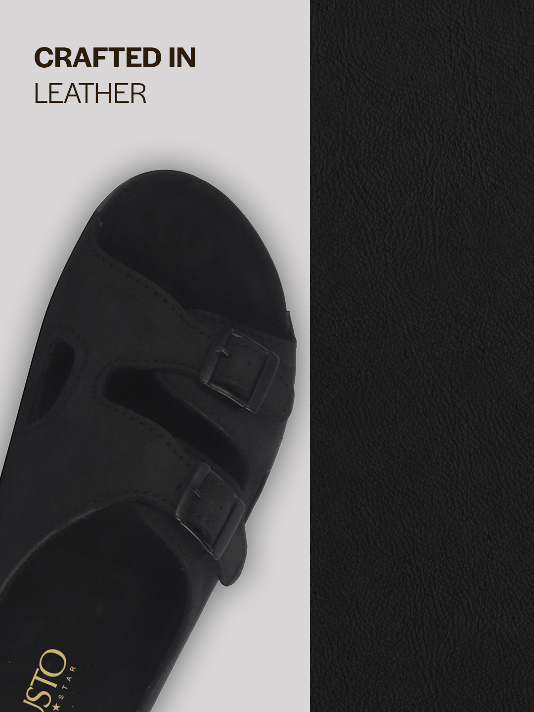 Men Black Suede Leather Round Open Toe Dual Strap Slip On Sandals | Broad Feet Heel Cup Arch Support Slider | Slippers for Travel, Summer, Beach Walking with Anti Skid Sole