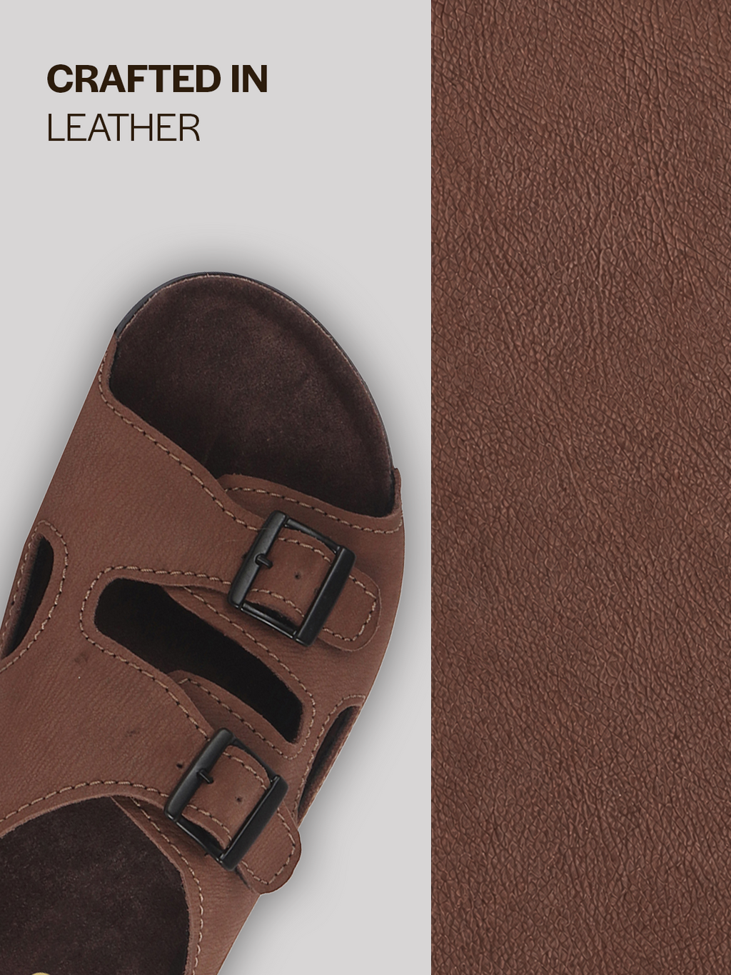 Men Brown Suede Leather Round Open Toe Dual Strap Slip On Sandals | Broad Feet Heel Cup Arch Support Slider | Slippers for Travel, Summer, Beach Walking with Anti Skid Sole