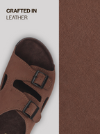 Men Brown Suede Leather Round Open Toe Dual Strap Slip On Sandals | Broad Feet Heel Cup Arch Support Slider | Slippers for Travel, Summer, Beach Walking with Anti Skid Sole