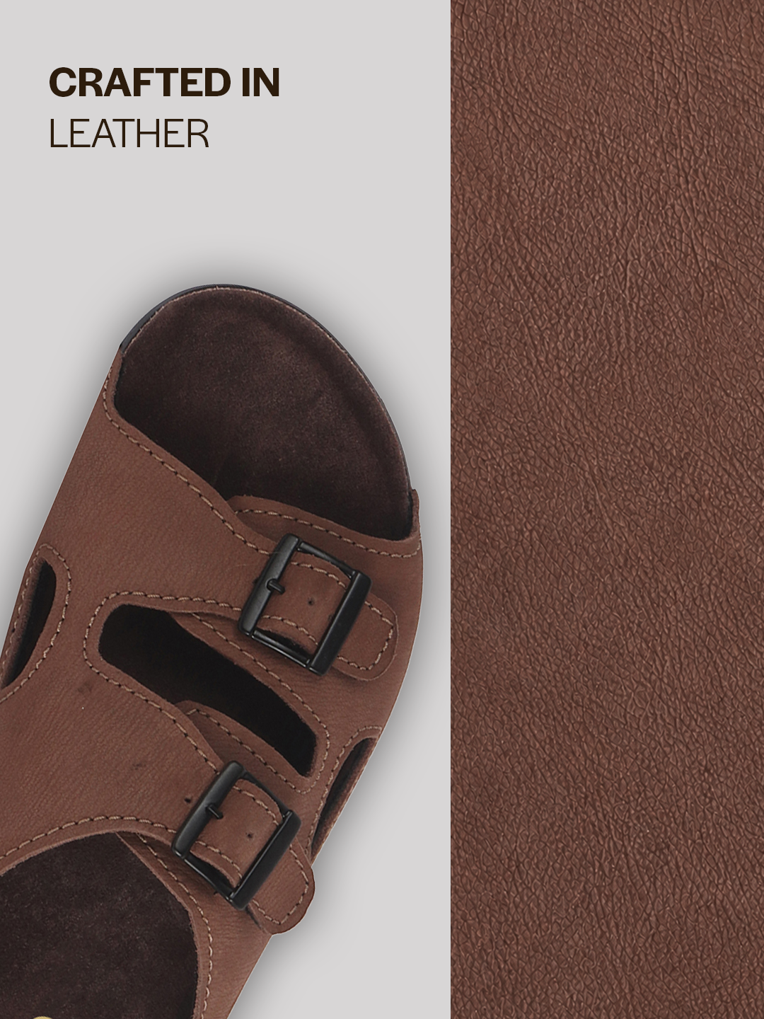 Men Brown Suede Leather Round Open Toe Dual Strap Slip On Sandals | Broad Feet Heel Cup Arch Support Slider | Slippers for Travel, Summer, Beach Walking with Anti Skid Sole
