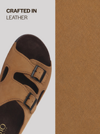 Men Camel Suede Leather Round Open Toe Dual Strap Slip On Sandals | Broad Feet Heel Cup Arch Support Slider | Slippers for Travel, Summer, Beach Walking with Anti Skid Sole