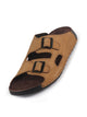 Men Camel Suede Leather Round Open Toe Dual Strap Slip On Sandals | Broad Feet Heel Cup Arch Support Slider | Slippers for Travel, Summer, Beach Walking with Anti Skid Sole