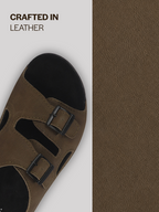 Men Olive Suede Leather Round Open Toe Dual Strap Slip On Sandals | Broad Feet Heel Cup Arch Support Slider | Slippers for Travel, Summer, Beach Walking with Anti Skid Sole