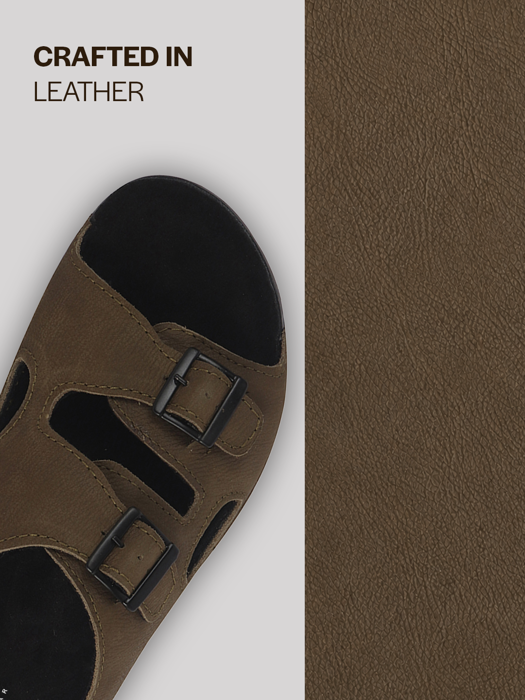Men Olive Suede Leather Round Open Toe Dual Strap Slip On Sandals | Broad Feet Heel Cup Arch Support Slider | Slippers for Travel, Summer, Beach Walking with Anti Skid Sole