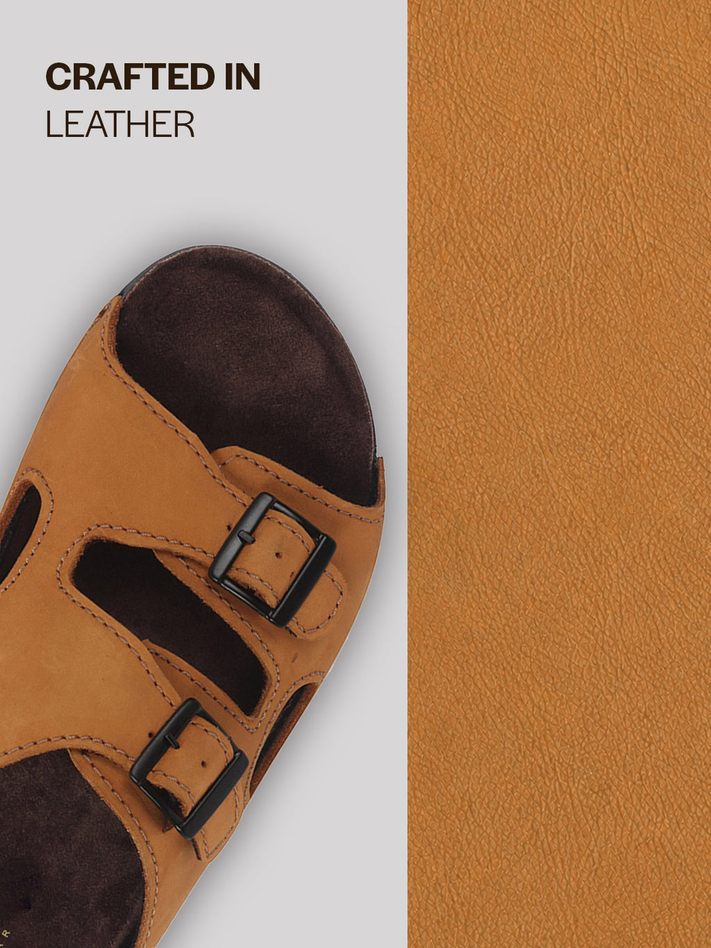 Men Tan Suede Leather Round Open Toe Dual Strap Slip On Sandals | Broad Feet Heel Cup Arch Support Slider | Slippers for Travel, Summer, Beach Walking with Anti Skid Sole