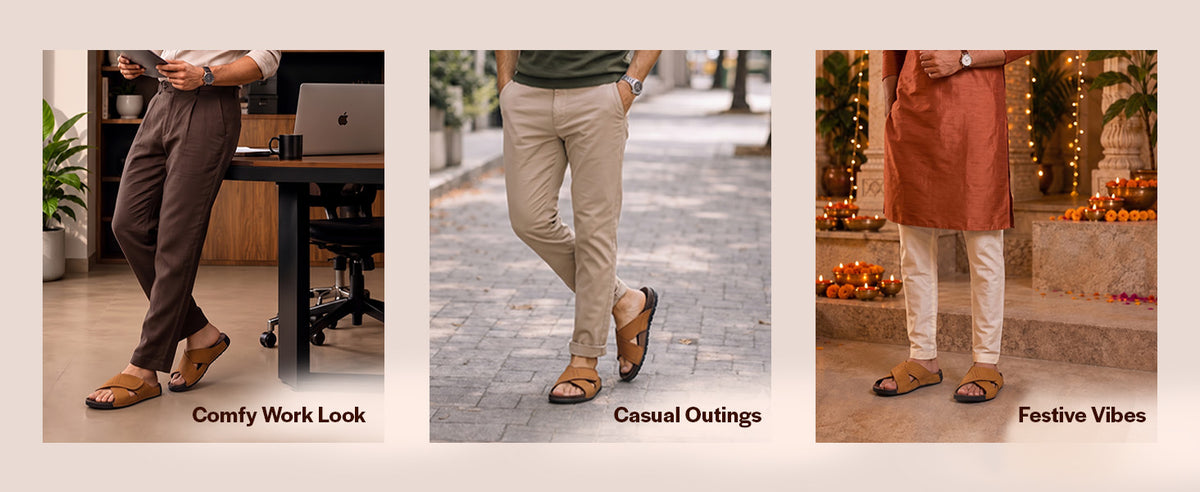 Men Navy Suede Leather Open Toe Double Strap Walking Sandals with Heel Cup Arch Support | Indoor Slippers with Anti Skid Sole | Perfect for Travel, Summer Casuals Comfort