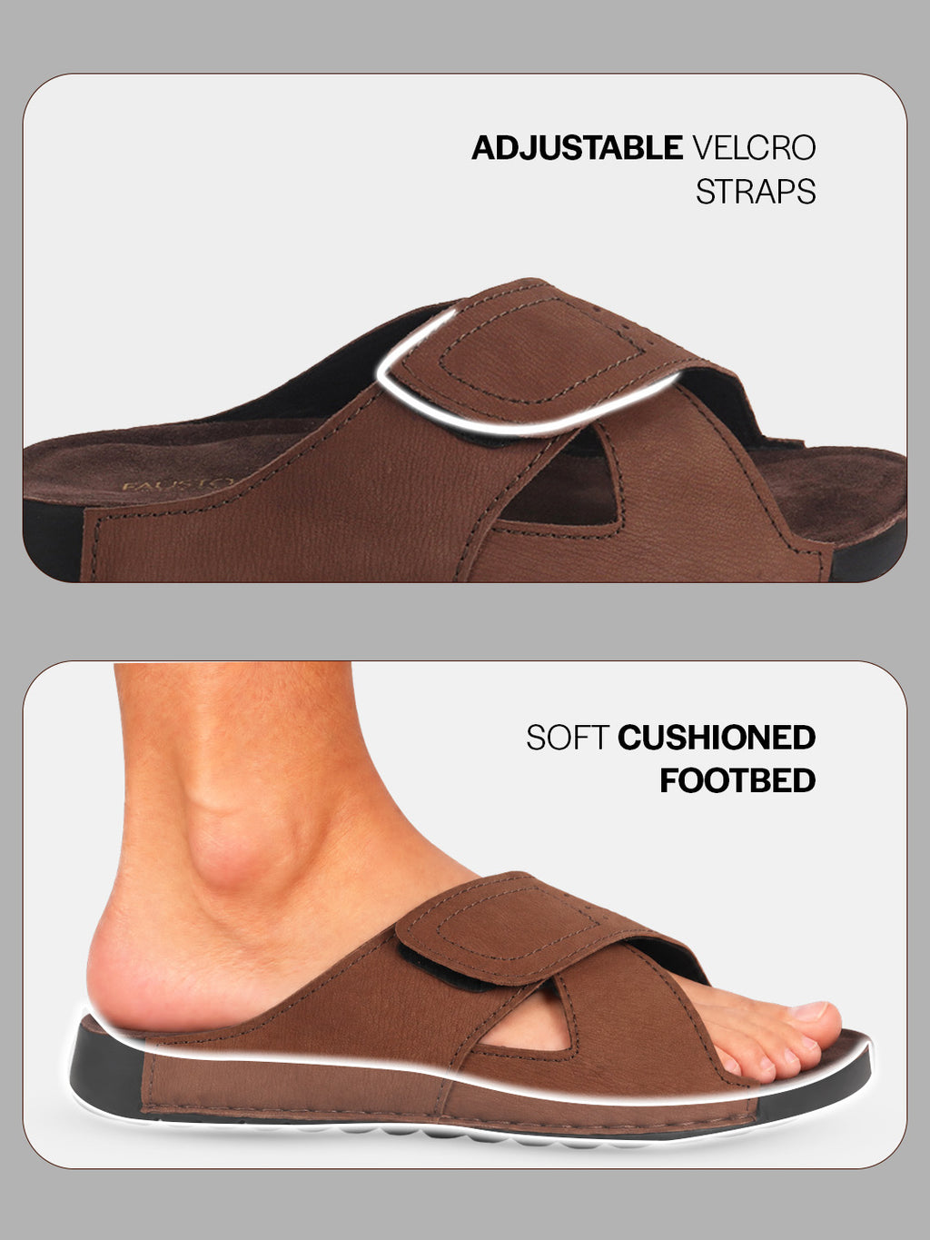 Men Brown Suede Leather Open Toe Double Strap Walking Sandals with Heel Cup Arch Support | Indoor Slippers with Anti Skid Sole | Perfect for Travel, Summer Casuals Comfort