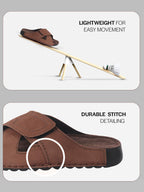 Men Brown Suede Leather Open Toe Double Strap Walking Sandals with Heel Cup Arch Support | Indoor Slippers with Anti Skid Sole | Perfect for Travel, Summer Casuals Comfort