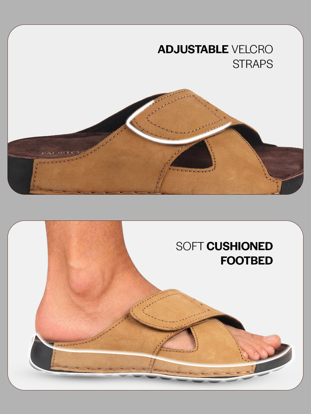 Men Camel Suede Leather Open Toe Double Strap Walking Sandals with Heel Cup Arch Support | Indoor Slippers with Anti Skid Sole | Perfect for Travel, Summer Casuals Comfort