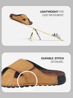 Men Camel Suede Leather Open Toe Double Strap Walking Sandals with Heel Cup Arch Support | Indoor Slippers with Anti Skid Sole | Perfect for Travel, Summer Casuals Comfort