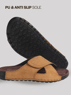 Men Camel Suede Leather Open Toe Double Strap Walking Sandals with Heel Cup Arch Support | Indoor Slippers with Anti Skid Sole | Perfect for Travel, Summer Casuals Comfort