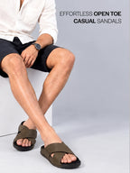 Men Olive Suede Leather Open Toe Double Strap Walking Sandals with Heel Cup Arch Support | Indoor Slippers with Anti Skid Sole | Perfect for Travel, Summer Casuals Comfort