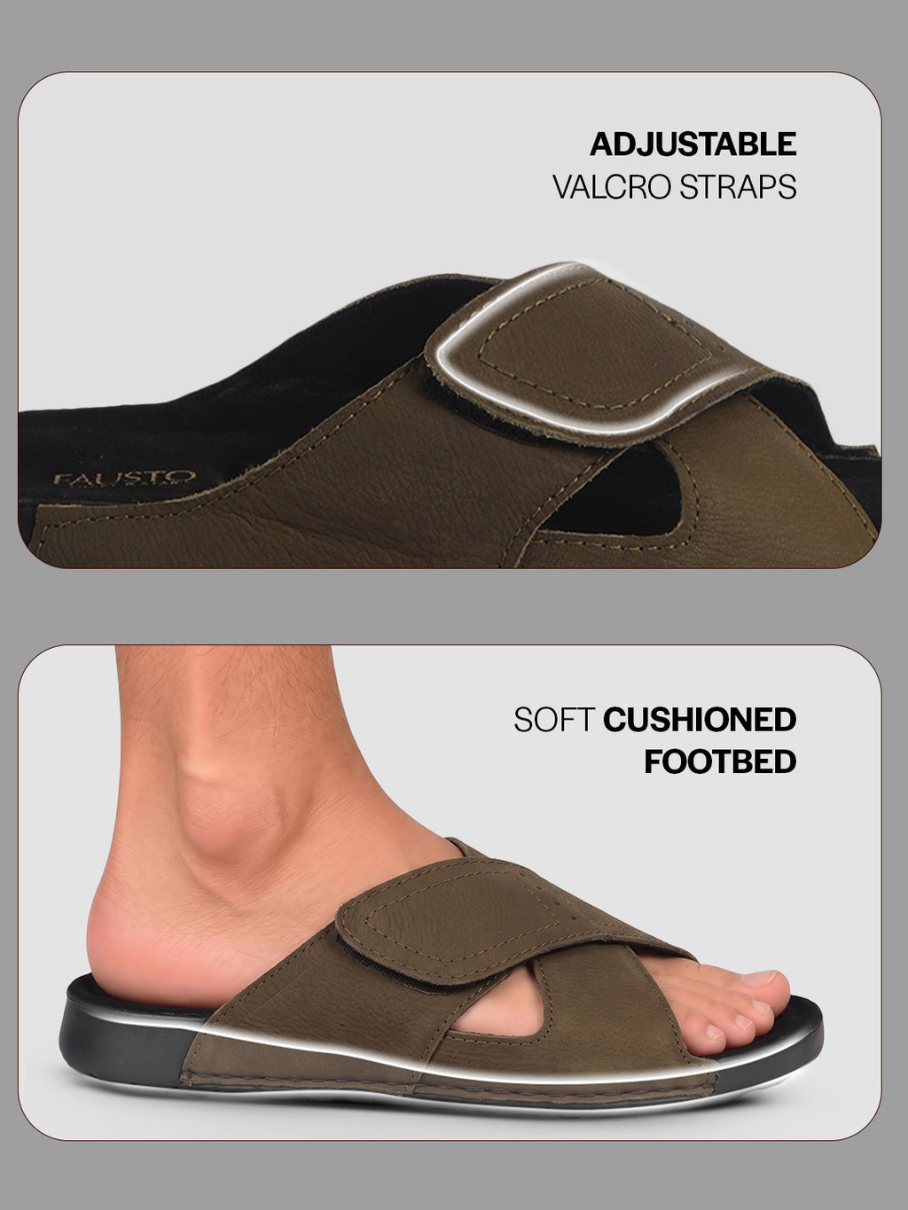 Men Olive Suede Leather Open Toe Double Strap Walking Sandals with Heel Cup Arch Support | Indoor Slippers with Anti Skid Sole | Perfect for Travel, Summer Casuals Comfort