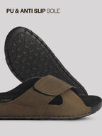 Men Olive Suede Leather Open Toe Double Strap Walking Sandals with Heel Cup Arch Support | Indoor Slippers with Anti Skid Sole | Perfect for Travel, Summer Casuals Comfort