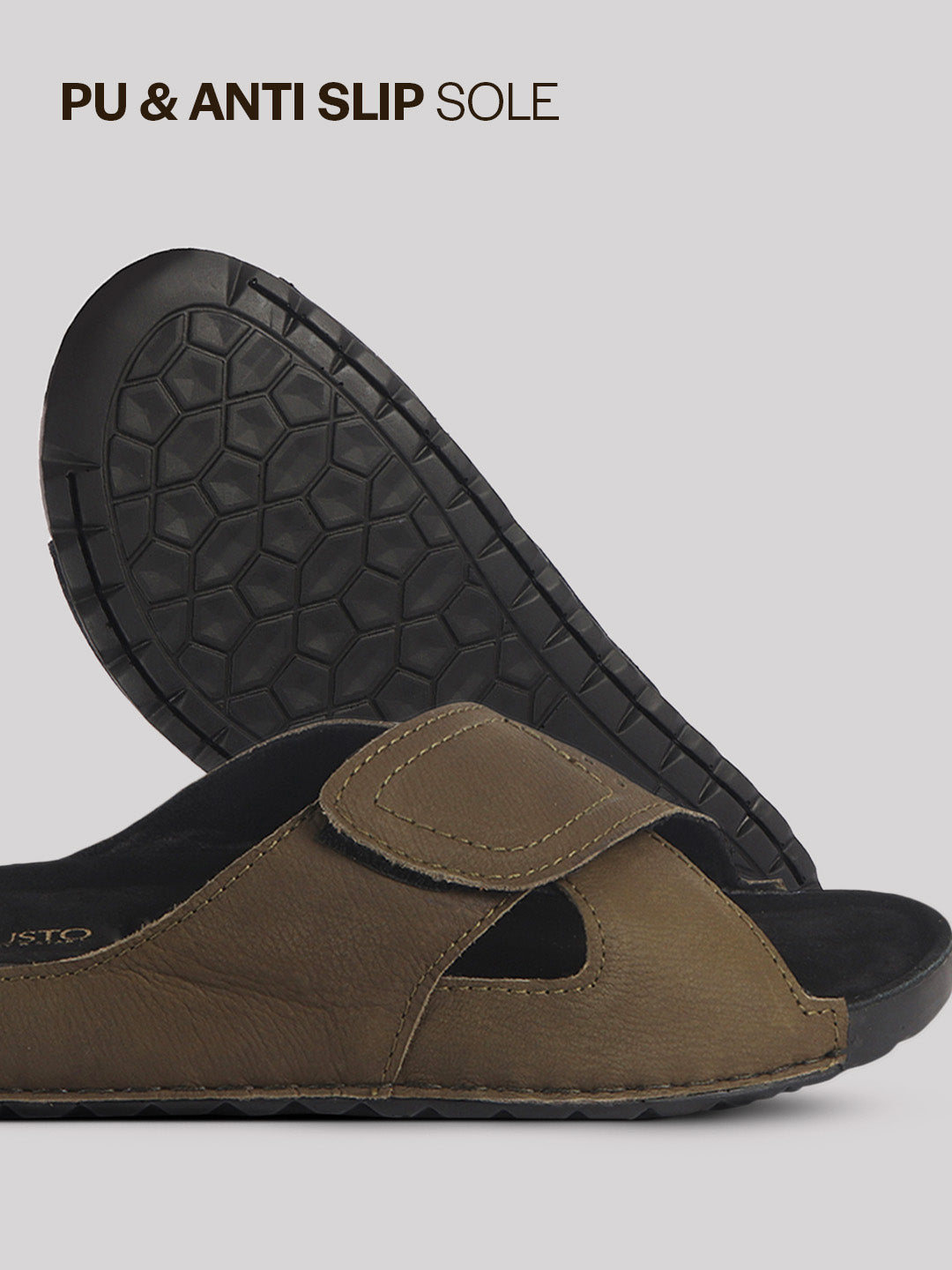 Men Olive Suede Leather Open Toe Double Strap Walking Sandals with Heel Cup Arch Support | Indoor Slippers with Anti Skid Sole | Perfect for Travel, Summer Casuals Comfort