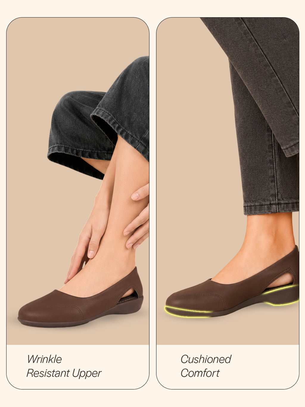 Women Brown Stylish Backless Casual Ballets|Low Heel Cut-Out Slip-On Ballerinas|Comfortable Walking Flats Sandals|Memory Cusion Insole
