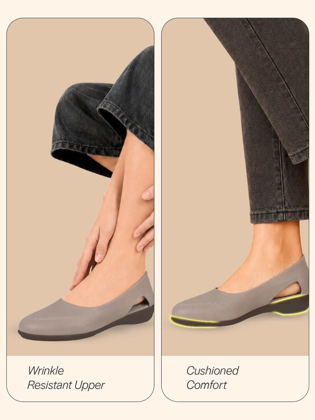 Women Grey Stylish Backless Casual Ballets|Low Heel Cut-Out Slip-On Ballerinas|Comfortable Walking Flats Sandals|Memory Cusion Insole