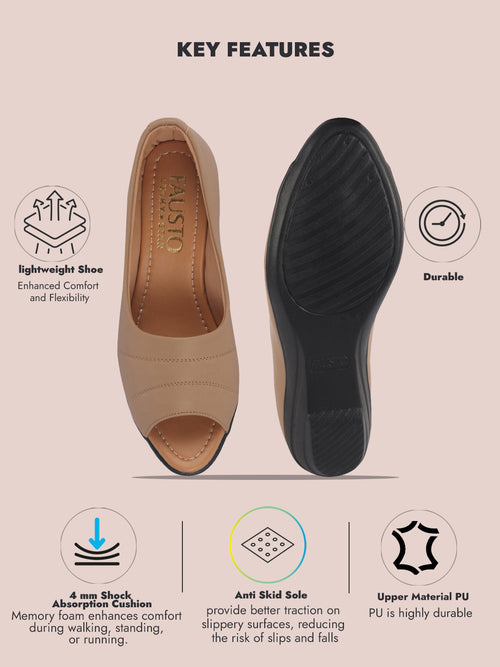 Women Beige Elegant Peep Toe Platform Wedge Heel Ballet|Formal Dress Ballerina Shoes|Office Open Toe Sandal|Anti Skid Sole