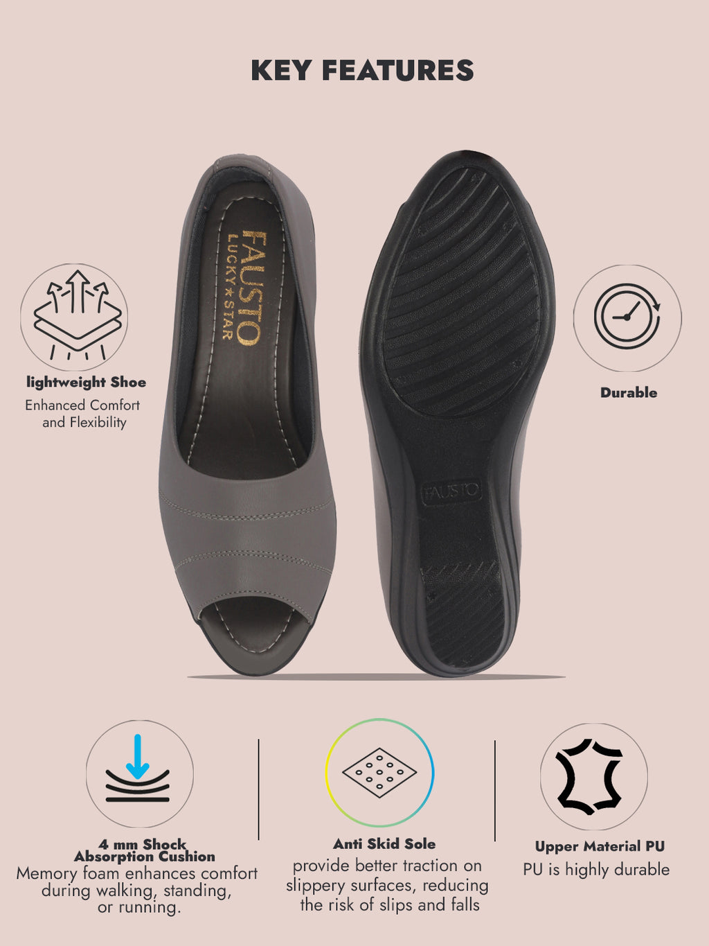 Women Grey Elegant Peep Toe Platform Wedge Heel Ballet|Formal Dress Ballerina Shoes|Office Open Toe Sandal|Anti Skid Sole