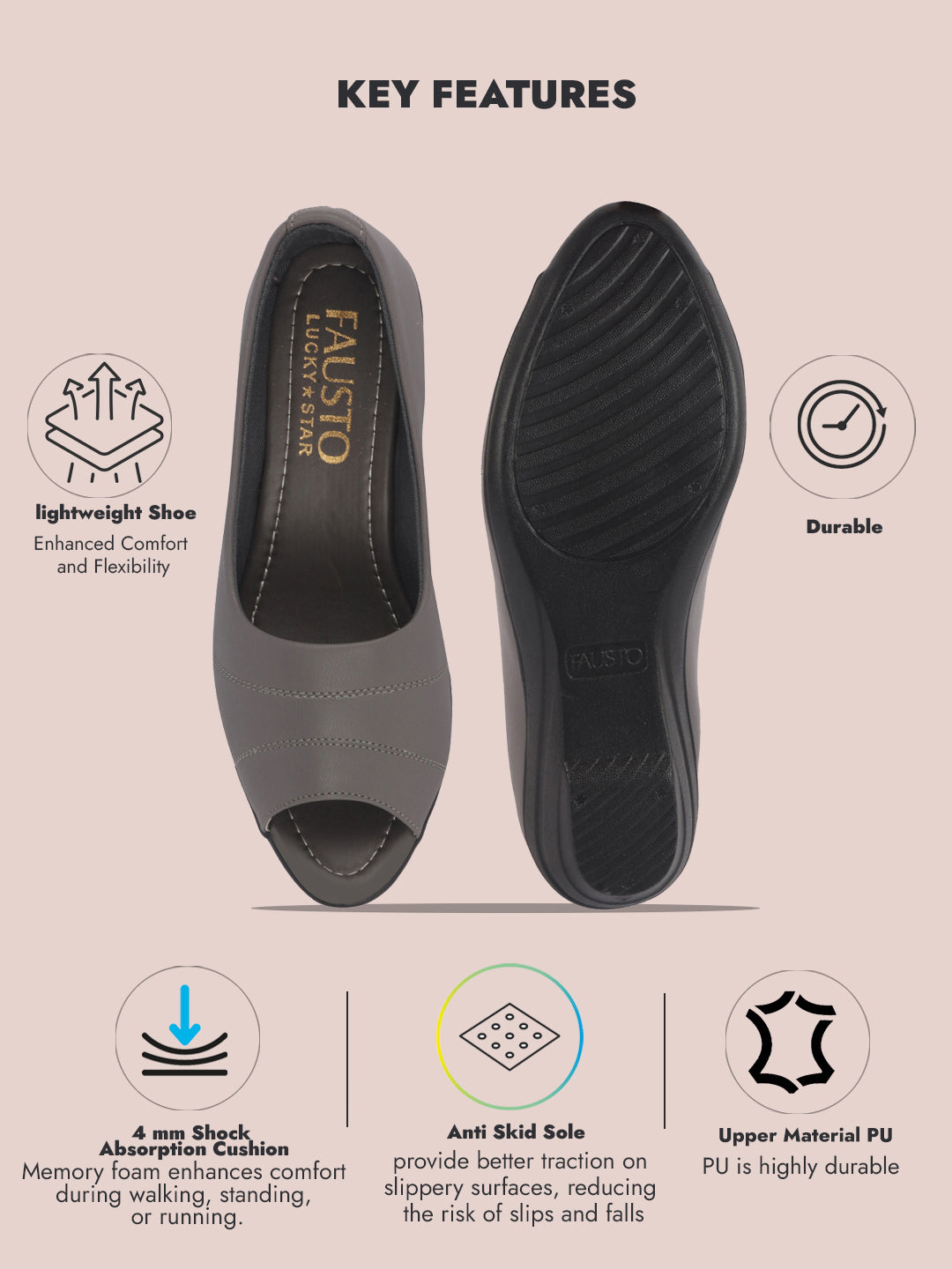 Women Grey Elegant Peep Toe Platform Wedge Heel Ballet|Formal Dress Ballerina Shoes|Office Open Toe Sandal|Anti Skid Sole