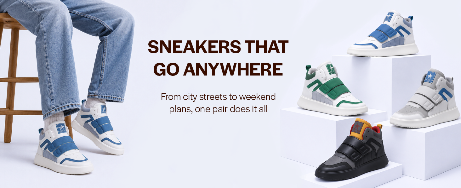 Men Grey Colorblocked High Top Velcro Adjustable Classic Sneakers|Memory Cushion Insole|Street Fashion Hi-Top Sneakers