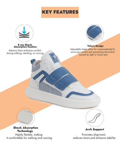 Shop Men Blue Colorblocked High Top Velcro Adjustable Classic Sneakers|Memory Cushion Insole|Street Fashion Hi-Top Sneakers Online.