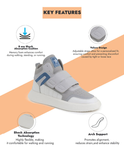 Shop Men Grey Colorblocked High Top Velcro Adjustable Classic Sneakers|Memory Cushion Insole|Street Fashion Hi-Top Sneakers Online.