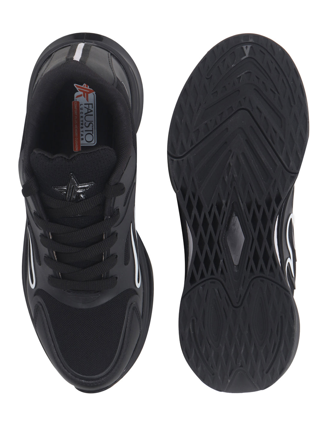 Shop FAUSTO Men Black Athleisure Sneakers|Memory Cushion And Anti-Skid Bounce Back Phylon Sole|All Day Comfortable Walking Shoes|Gym And Training Shoes Online.