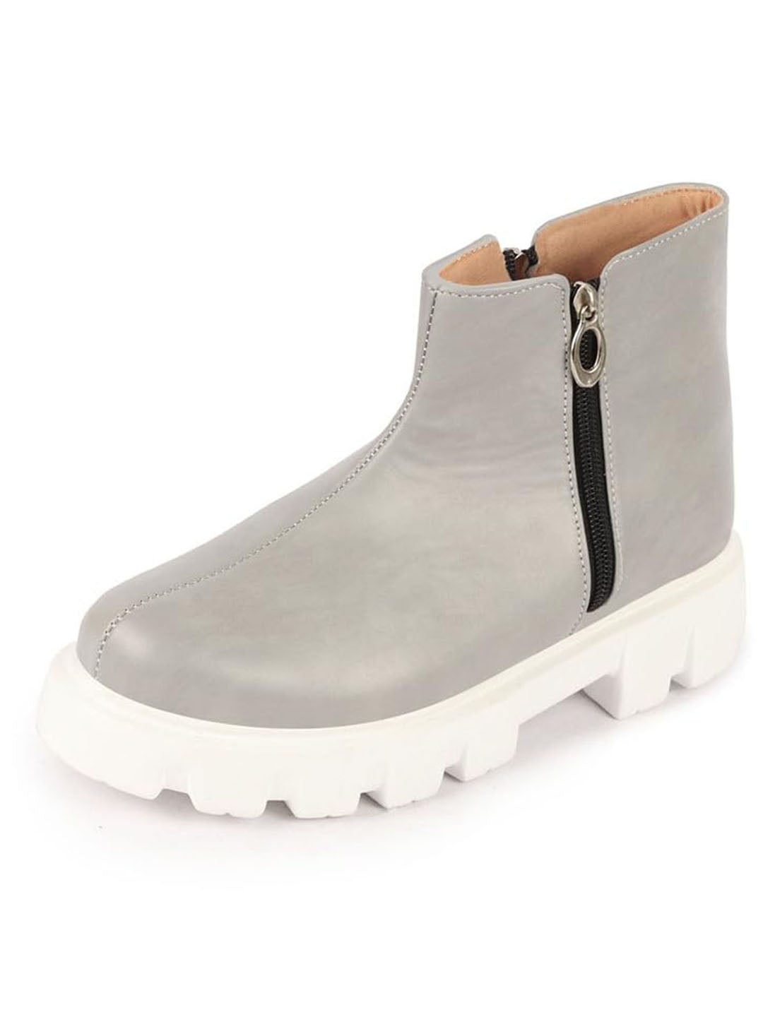 Women Grey Outdoor High Top Chunky Side Zipper Office Work Boots