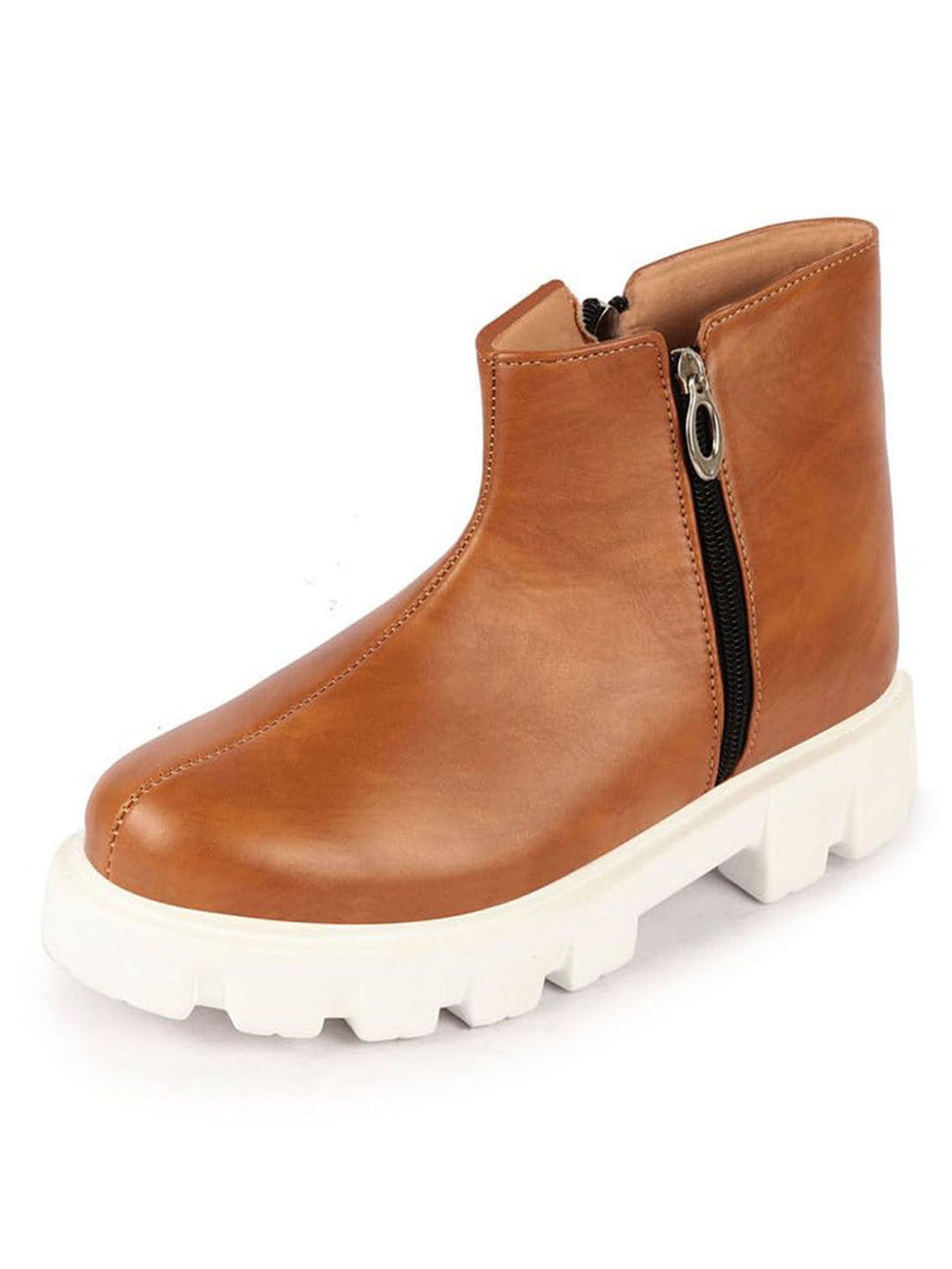 Shop Women Tan Outdoor High Top Chunky Side Zipper Office Work Boots Online.