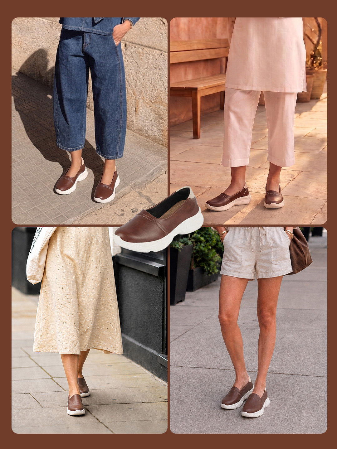Shop Women Brown Outdoor Fashion Stitched Design Slip On Shoes Online.