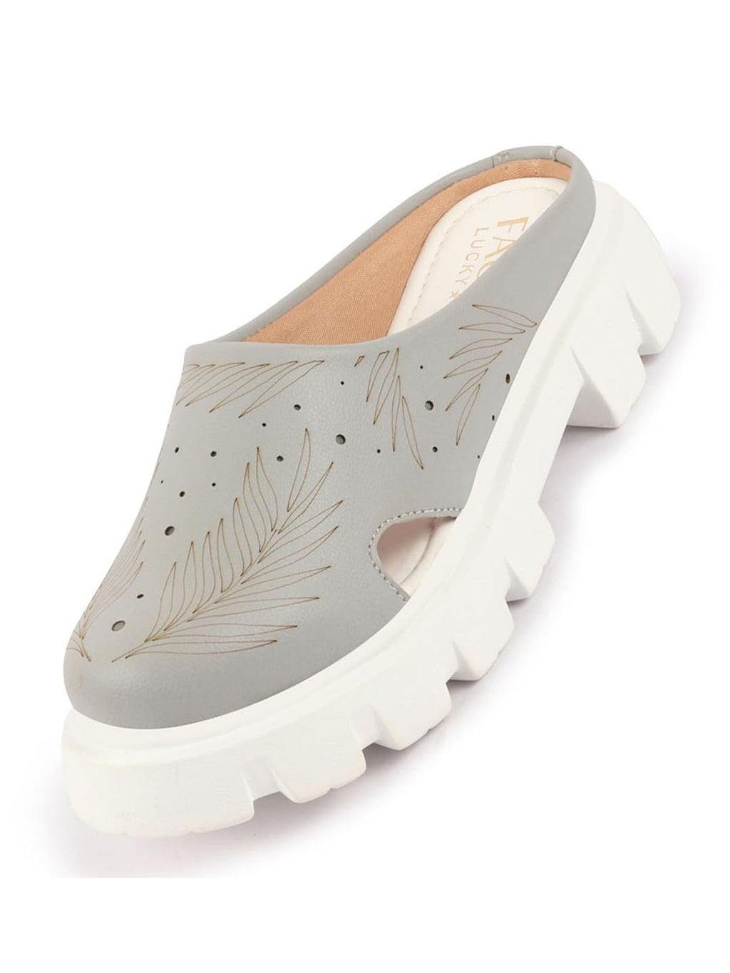Women Grey Fashion Outdoor Leaf Print Laser Cut Design Open Back Slip On Casual Shoes