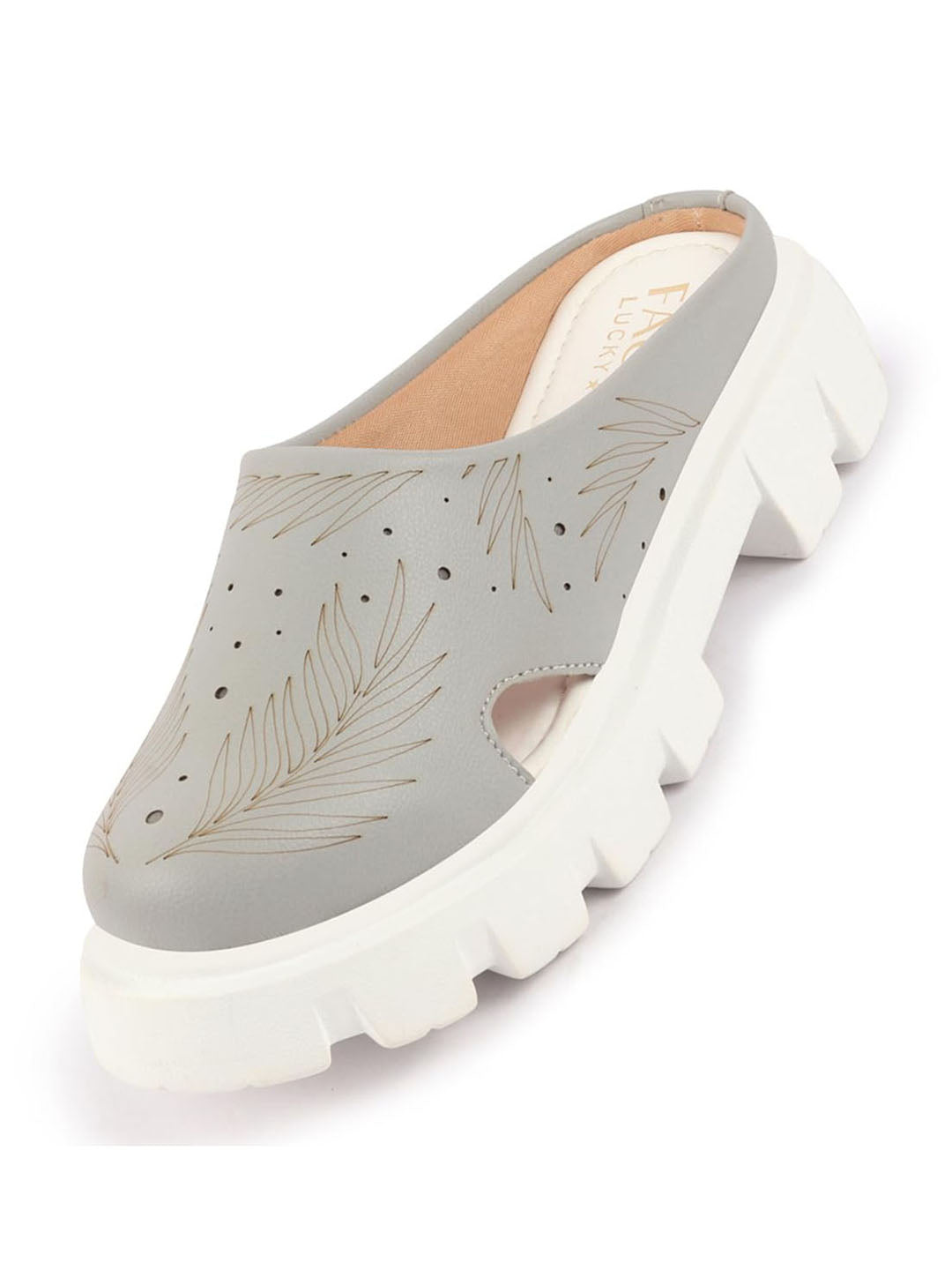 Women Grey Fashion Outdoor Leaf Print Laser Cut Design Open Back Slip On Casual Shoes