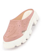 Shop Women Peach Fashion Outdoor Leaf Print Laser Cut Design Open Back Slip On Casual Shoes Online.