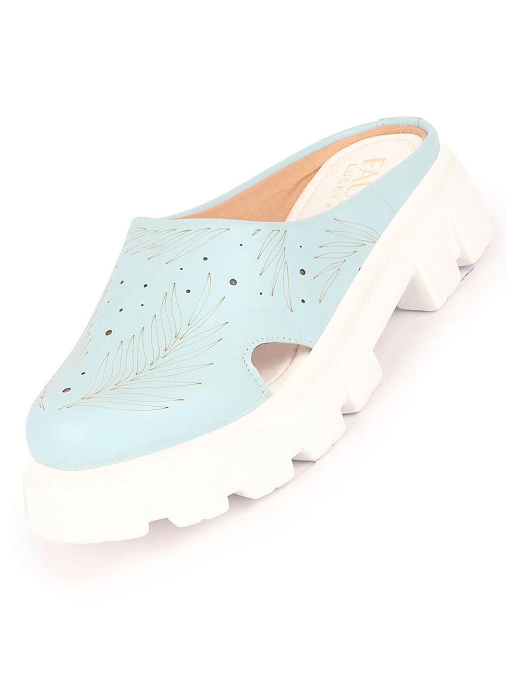 Women Sky Blue Fashion Outdoor Leaf Print Laser Cut Design Open Back Slip On Casual Shoes