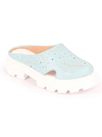 Women Sky Blue Fashion Outdoor Leaf Print Laser Cut Design Open Back Slip On Casual Shoes