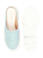 Women Sky Blue Fashion Outdoor Leaf Print Laser Cut Design Open Back Slip On Casual Shoes