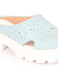 Women Sky Blue Fashion Outdoor Leaf Print Laser Cut Design Open Back Slip On Casual Shoes