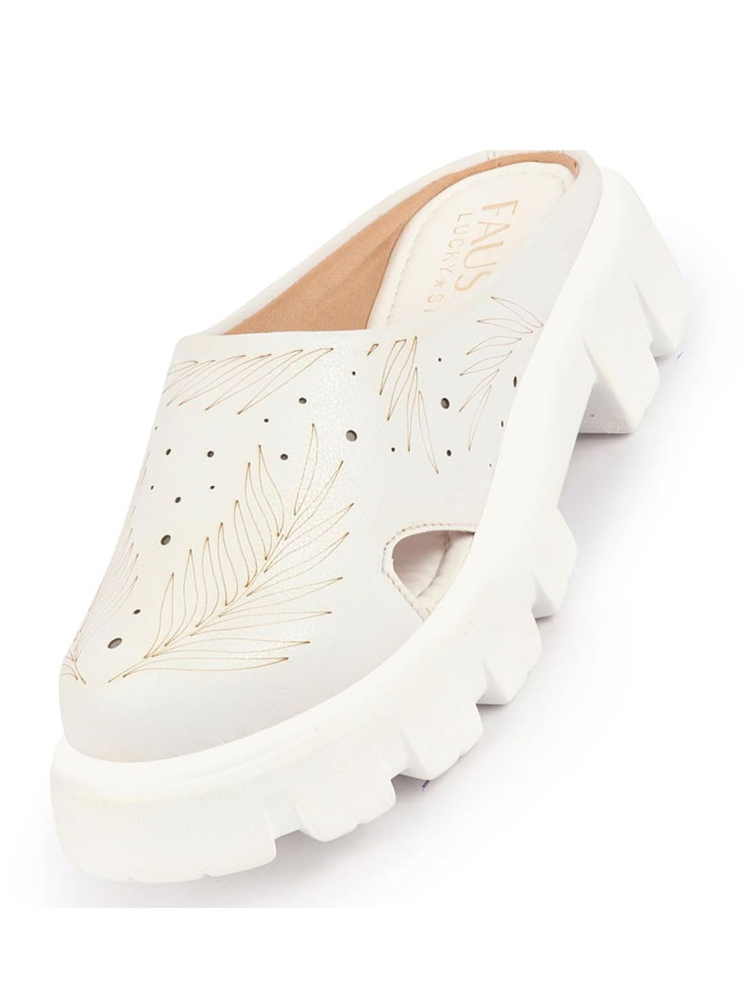 Shop Women White Fashion Outdoor Leaf Print Laser Cut Design Open Back Slip On Casual Shoes Online.