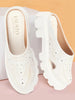 Women White Fashion Outdoor Leaf Print Laser Cut Design Open Back Slip On Casual Shoes