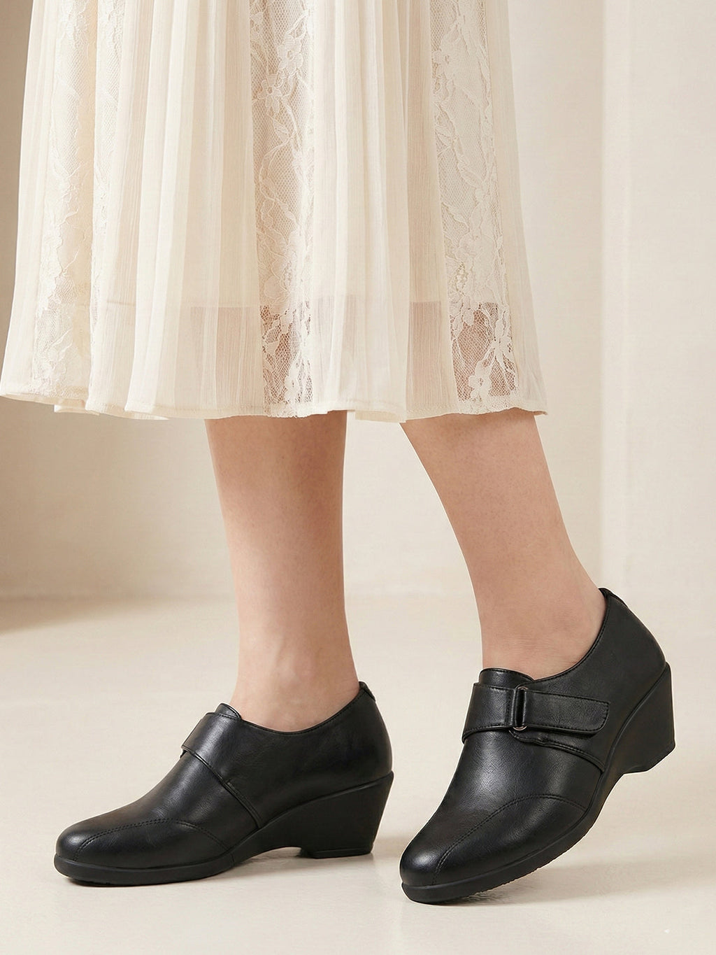 Women Black Formal Office Hook and Loop Platform Heel Slip On Shoes