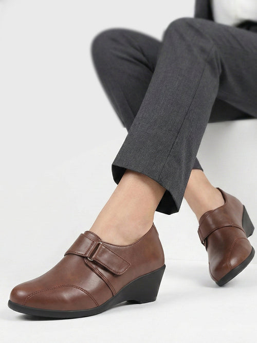 Women Brown Outdoor Fashion Hook and Loop Platform Heel Slip On Shoes