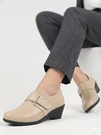 Women Cream Outdoor Fashion Hook and Loop Platform Heel Slip On Shoes