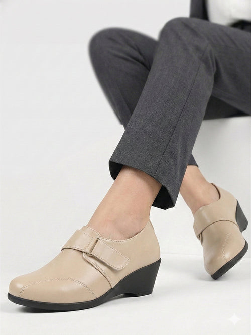 Women Cream Outdoor Fashion Hook and Loop Platform Heel Slip On Shoes